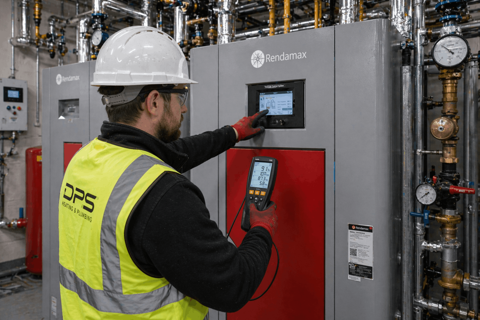 Engineer performing performance checks and commissioning on newly installed commercial boiler in Bury St Edmunds