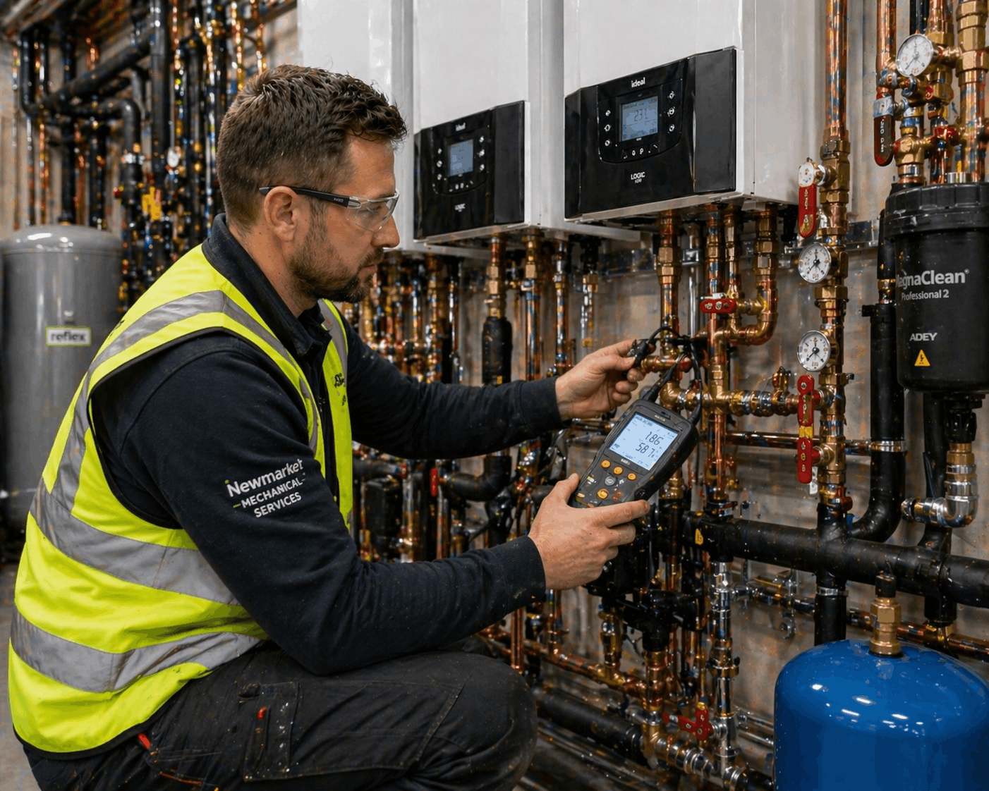 Commercial boiler system check and testing by certified engineer during Newmarket installation project