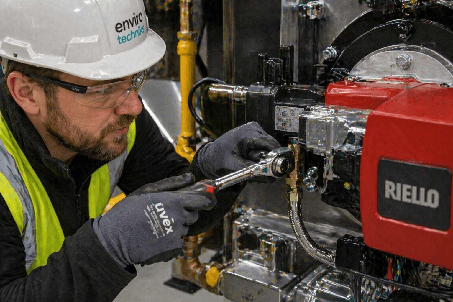 Close-up detail of commercial boiler pipework installation showing professional workmanship in Haverhill