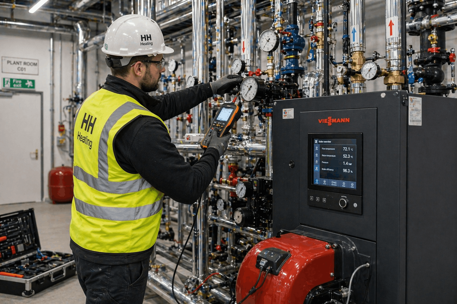 Commercial boiler efficiency testing and commissioning by certified engineer in Halstead