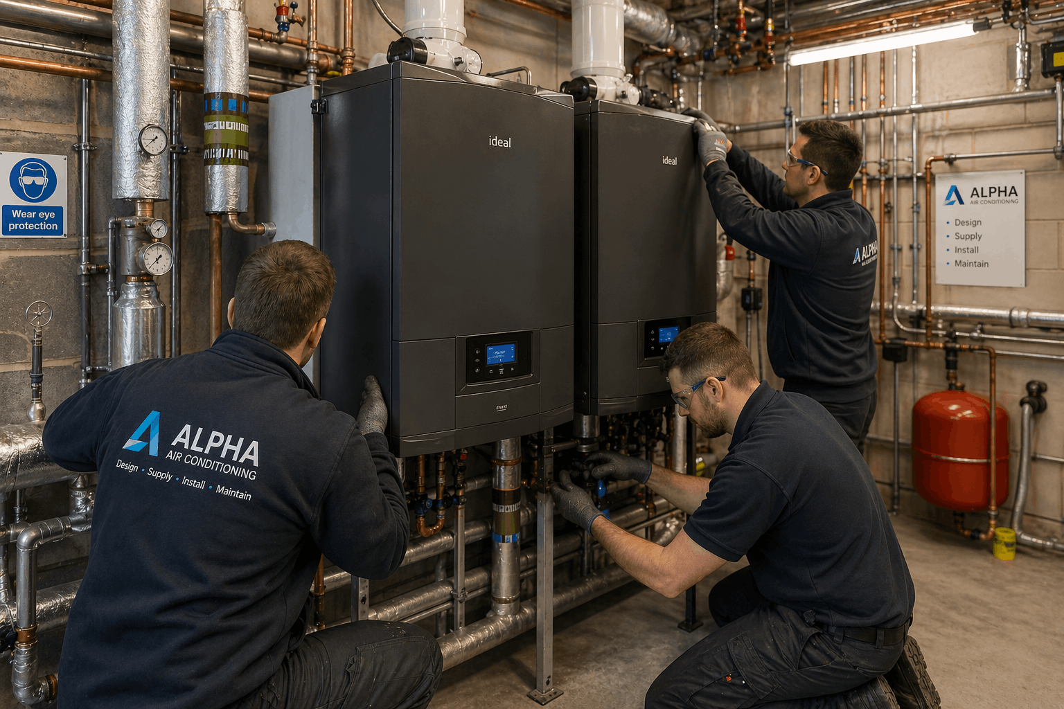 Professional commercial boiler installation engineers from Anglian PHE Ltd in Braintree preparing heating system equipment