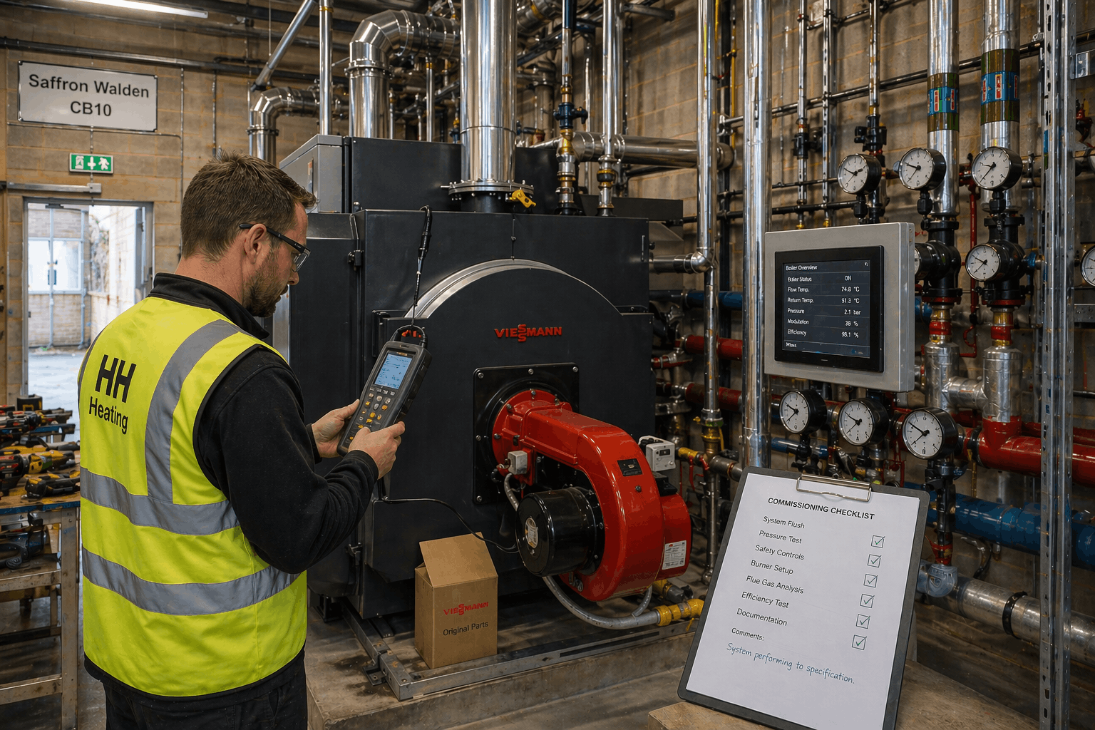 Gas Safe engineer conducting performance testing and commissioning of newly installed commercial boiler system