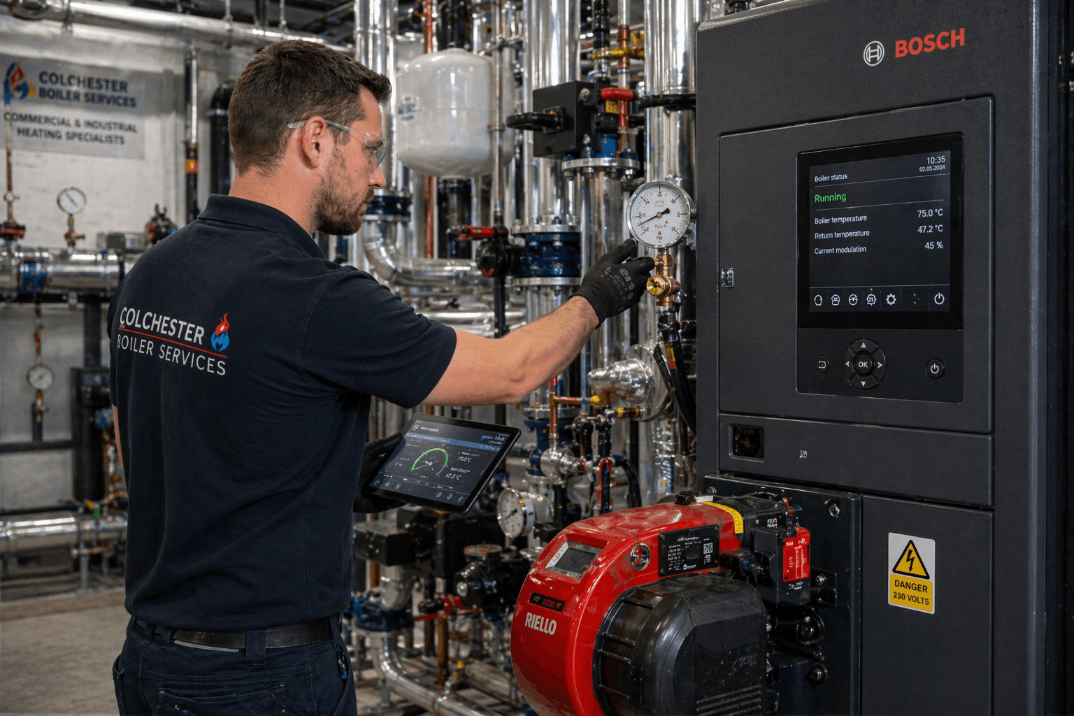 Gas Safe engineer testing commercial boiler installation in Colchester business premises