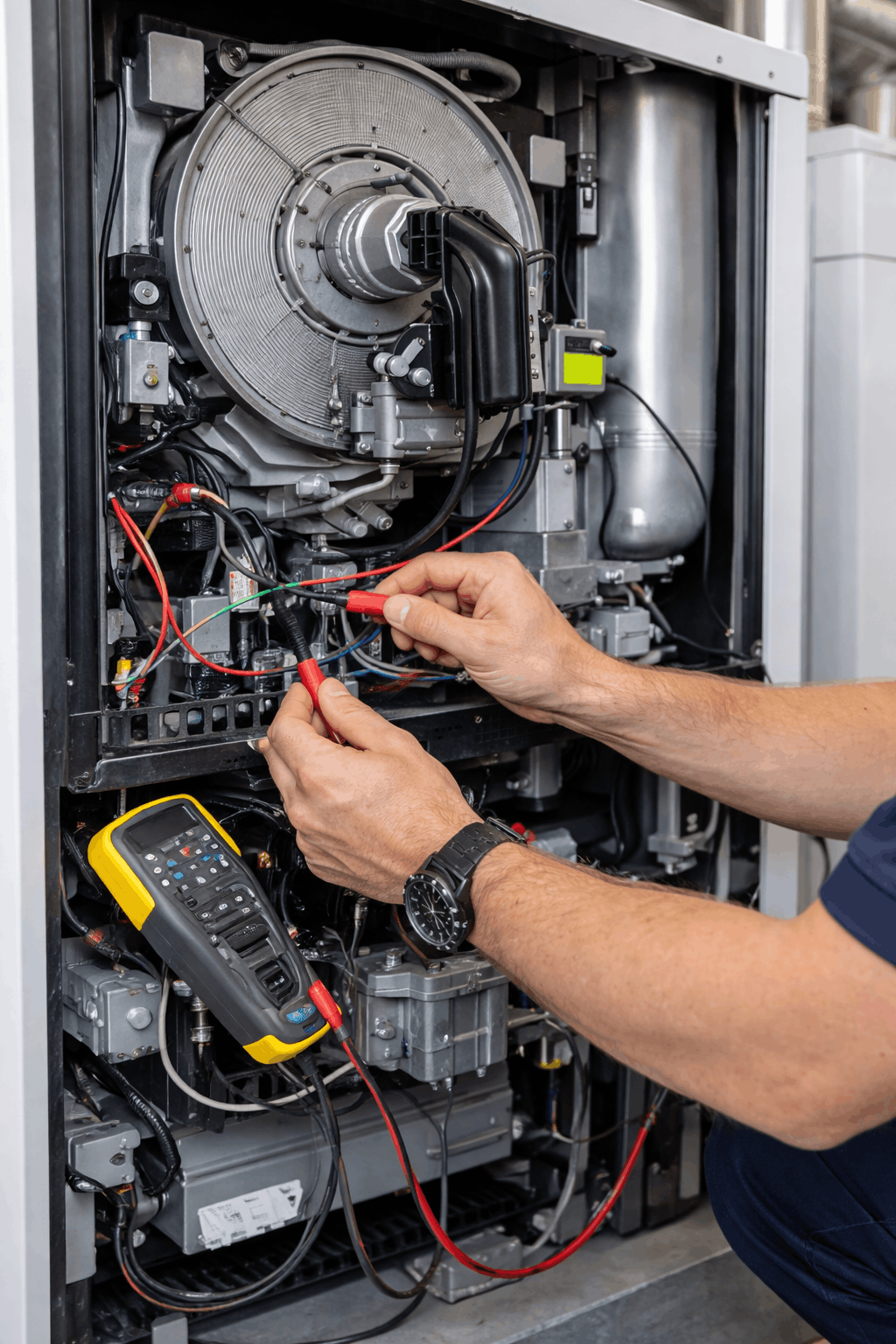 Gas Safe registered engineer servicing internal components of commercial boiler during maintenance visit in Cambridge