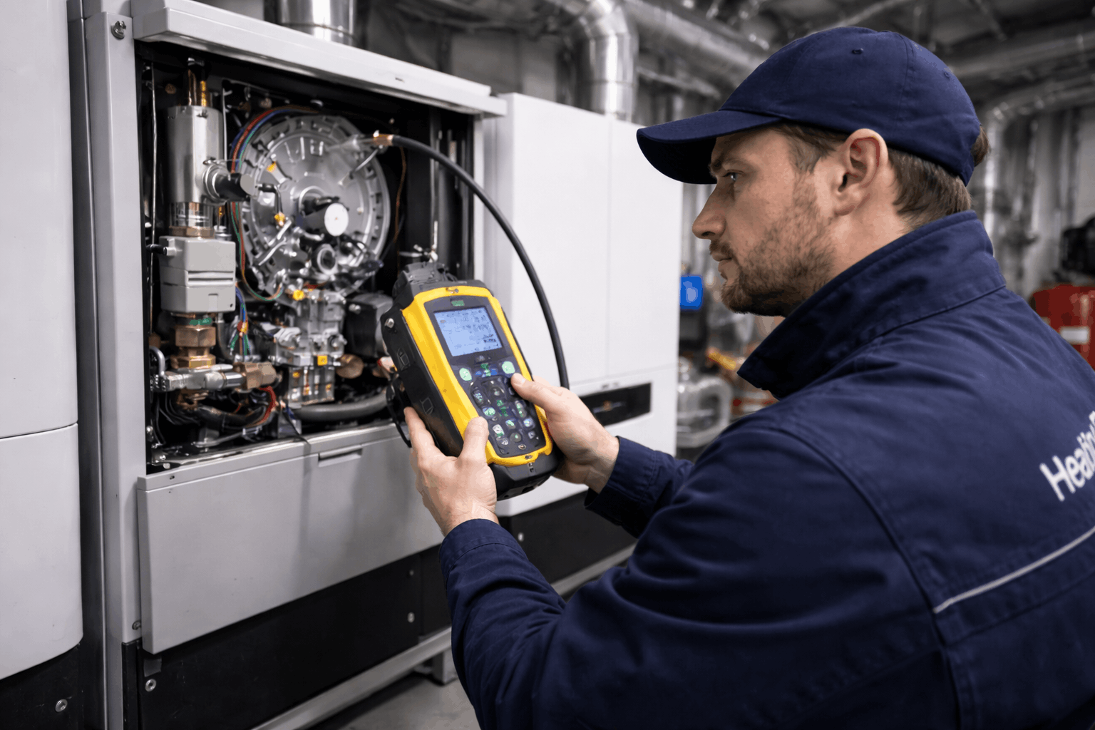 Gas Safe engineer analysing commercial boiler fault using diagnostic equipment in Haverhill business premises