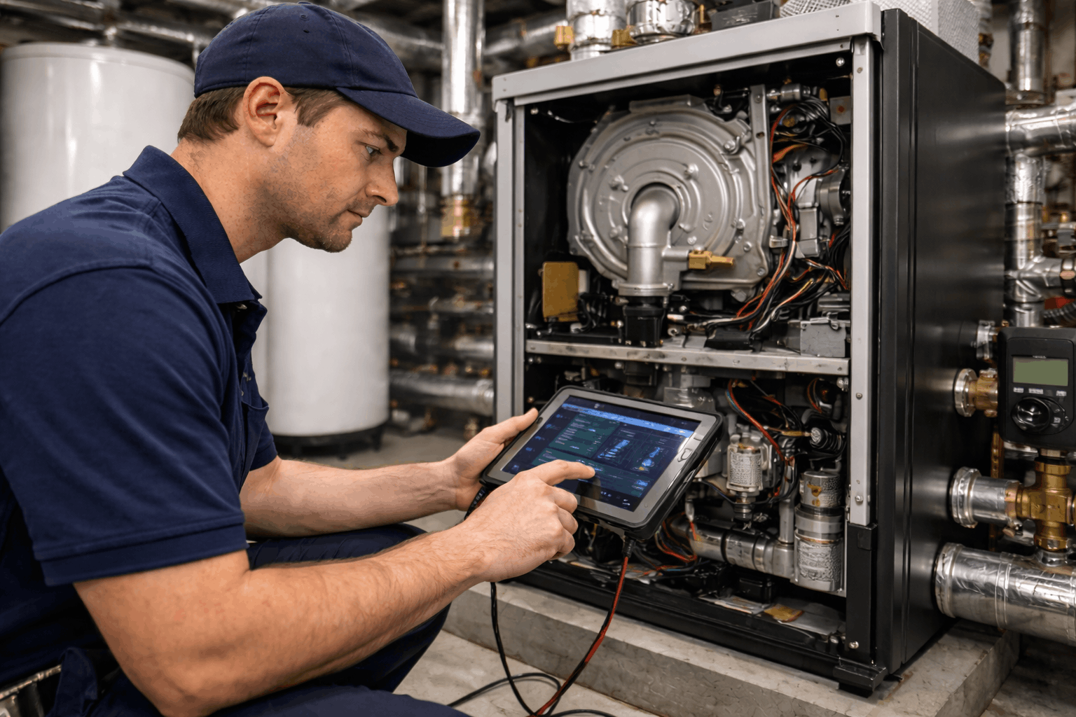 Gas Safe engineer investigating commercial boiler fault in Halstead business premises