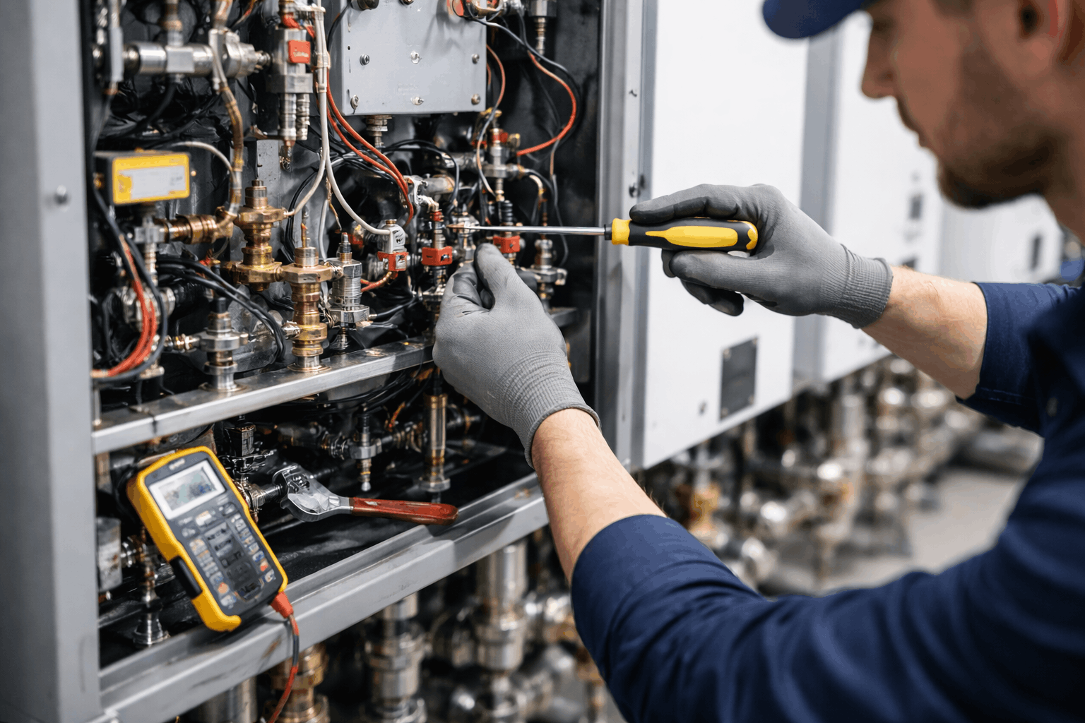 Commercial boiler repair mechanic performing diagnostic work on heating system in Braintree