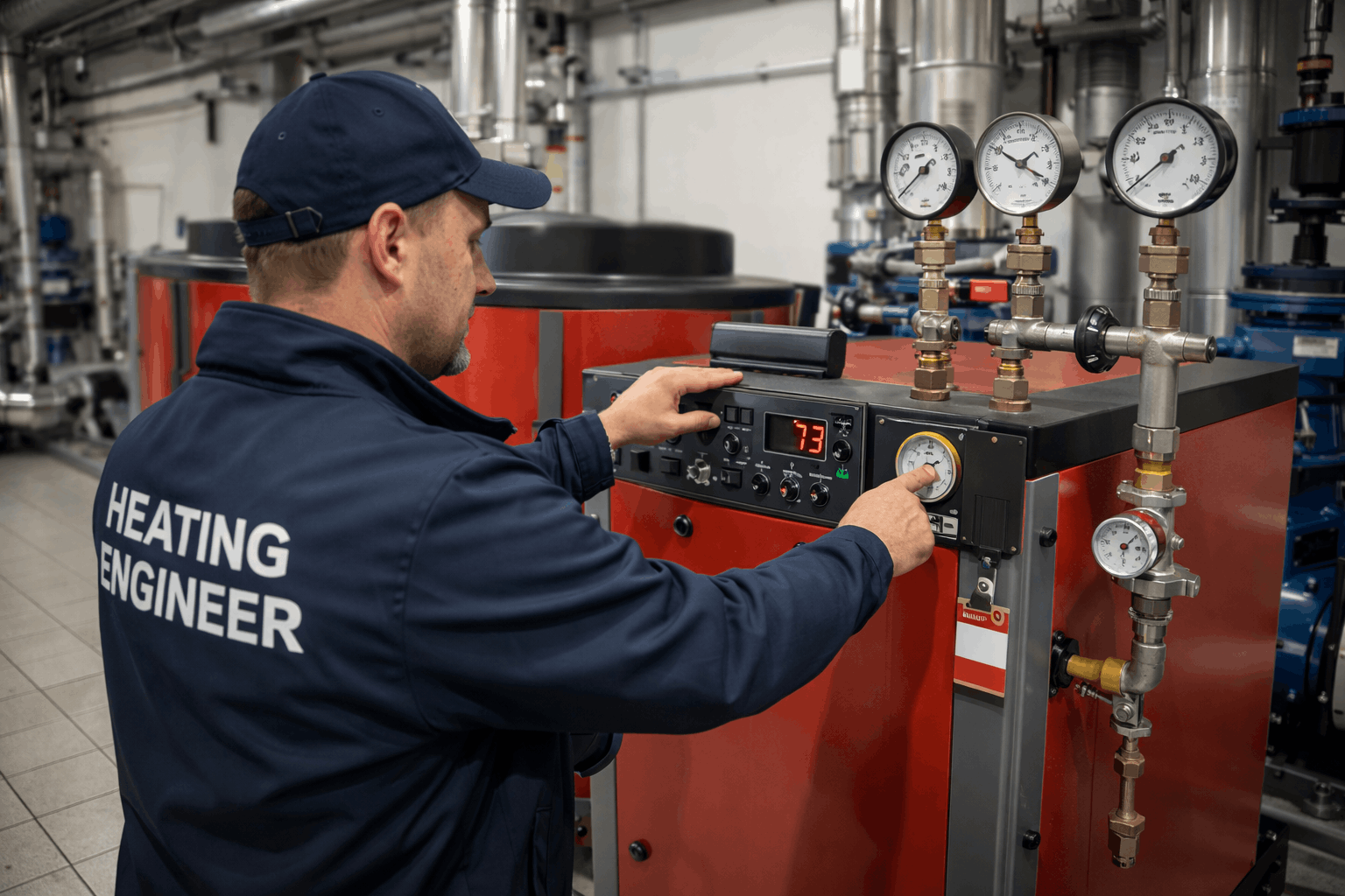Gas Safe engineer conducting commercial boiler performance checkpoint and efficiency testing in Saffron Walden business premises