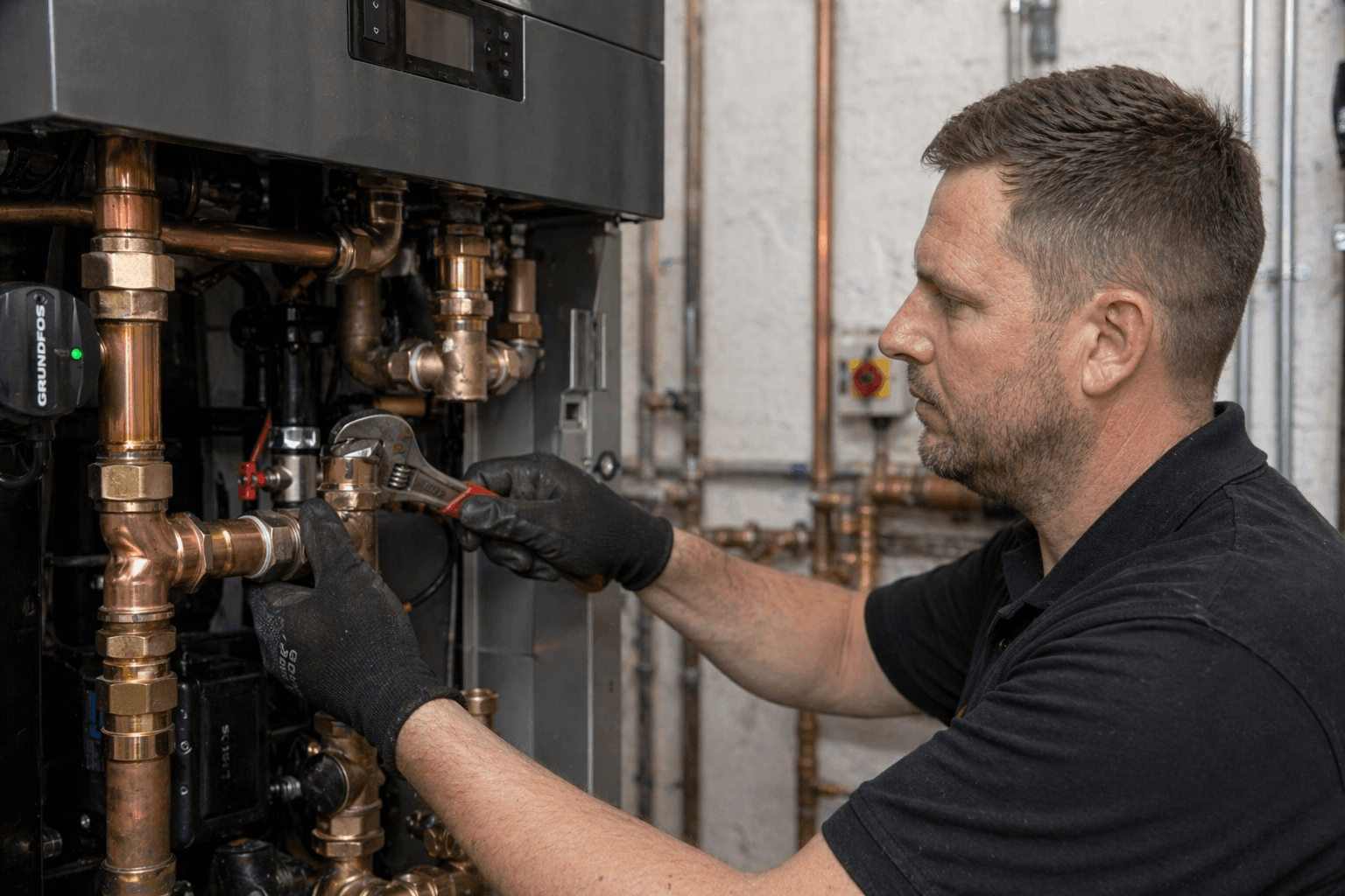 Engineer adjusting commercial boiler pipework during professional replacement service in Colchester Essex