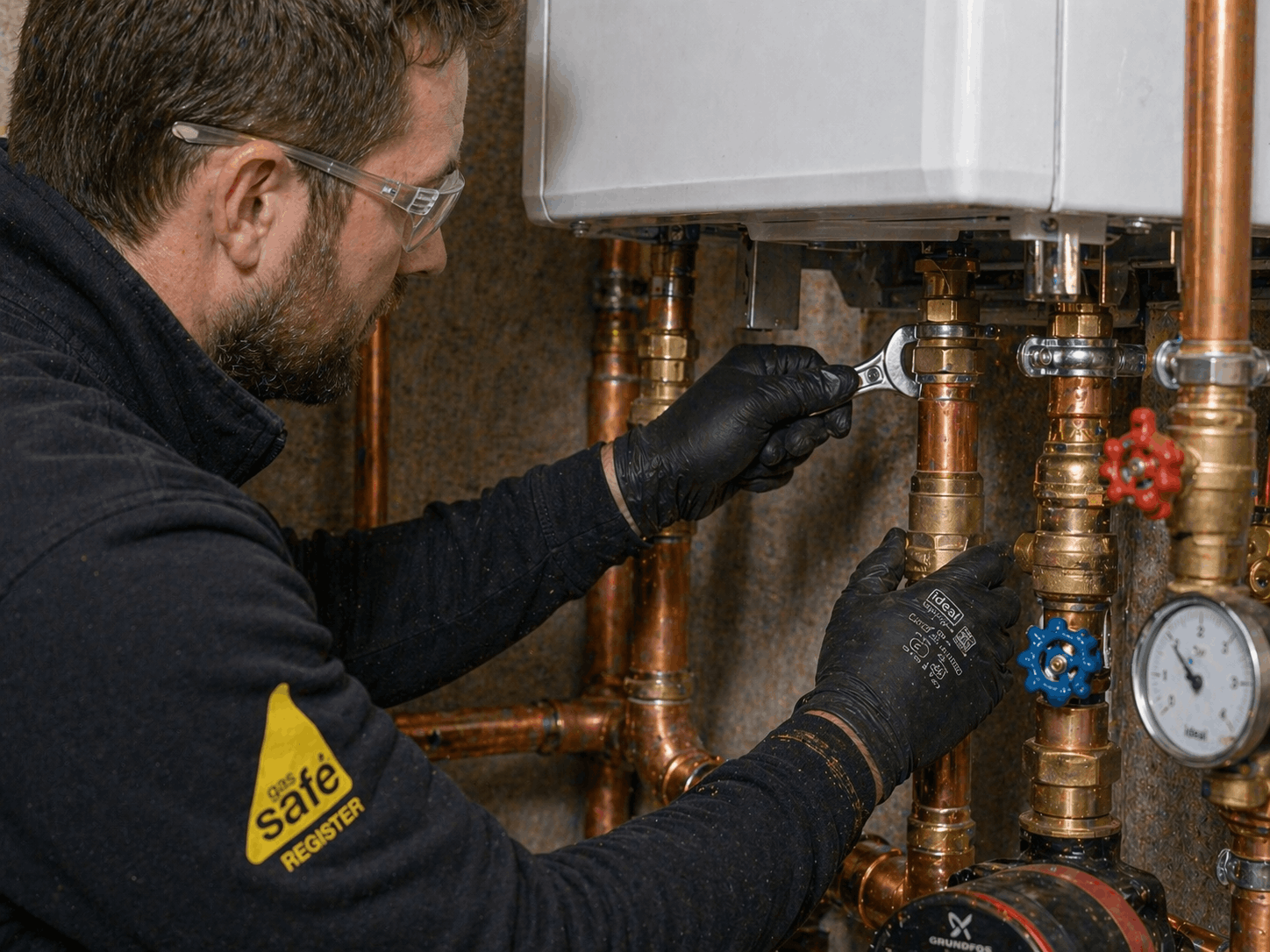 Gas Safe engineer adjusting commercial boiler pipework connections during replacement installation at Great Dunmow business premises