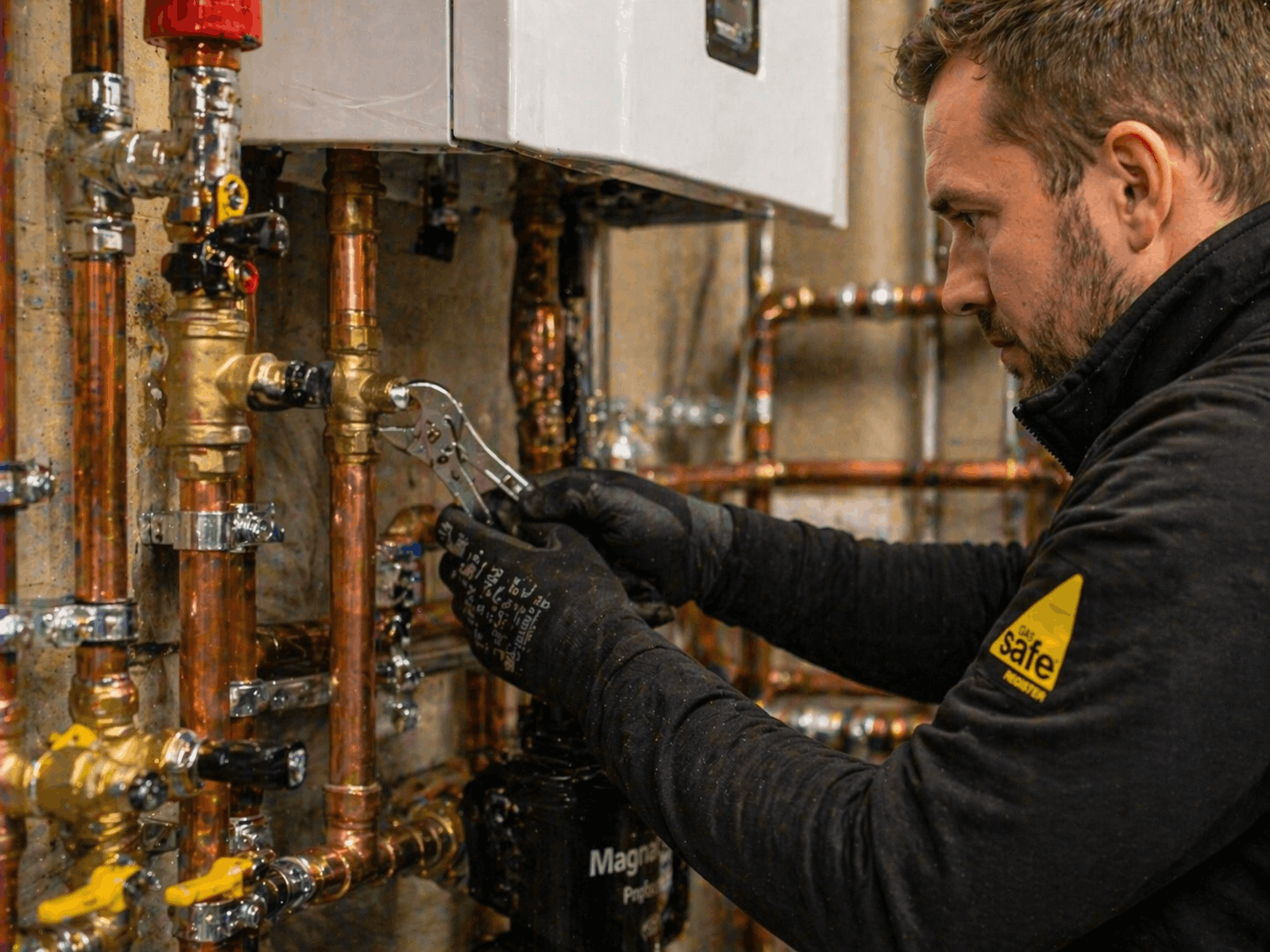 Gas Safe engineer adjusting commercial boiler pipework during professional replacement service in Newmarket business premises