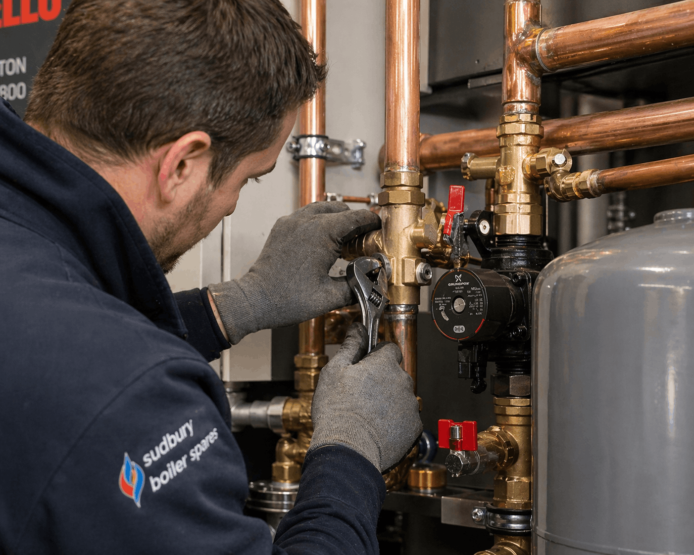 Gas Safe registered engineer adjusting commercial boiler pipework connections during professional installation in Sudbury