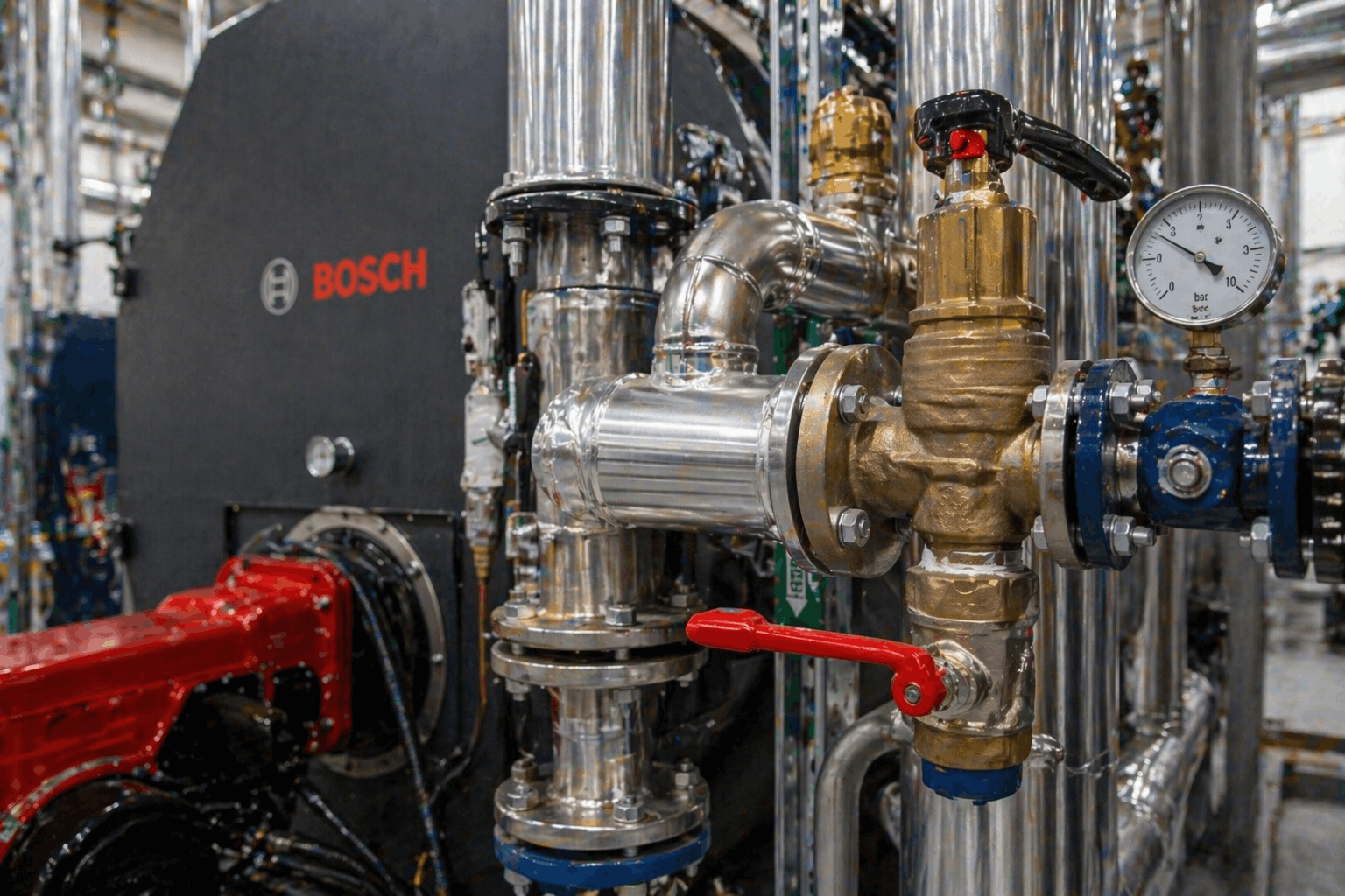 Close-up of precision pipe fitting and connection work during commercial boiler installation in Sudbury commercial property