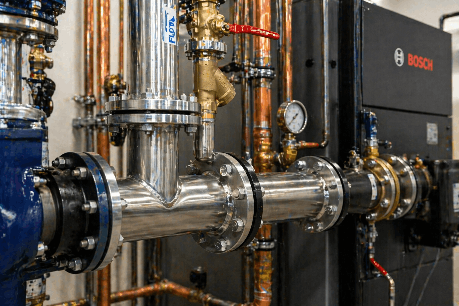 Detailed commercial boiler pipe installation work by Anglian PHE engineer in Colchester