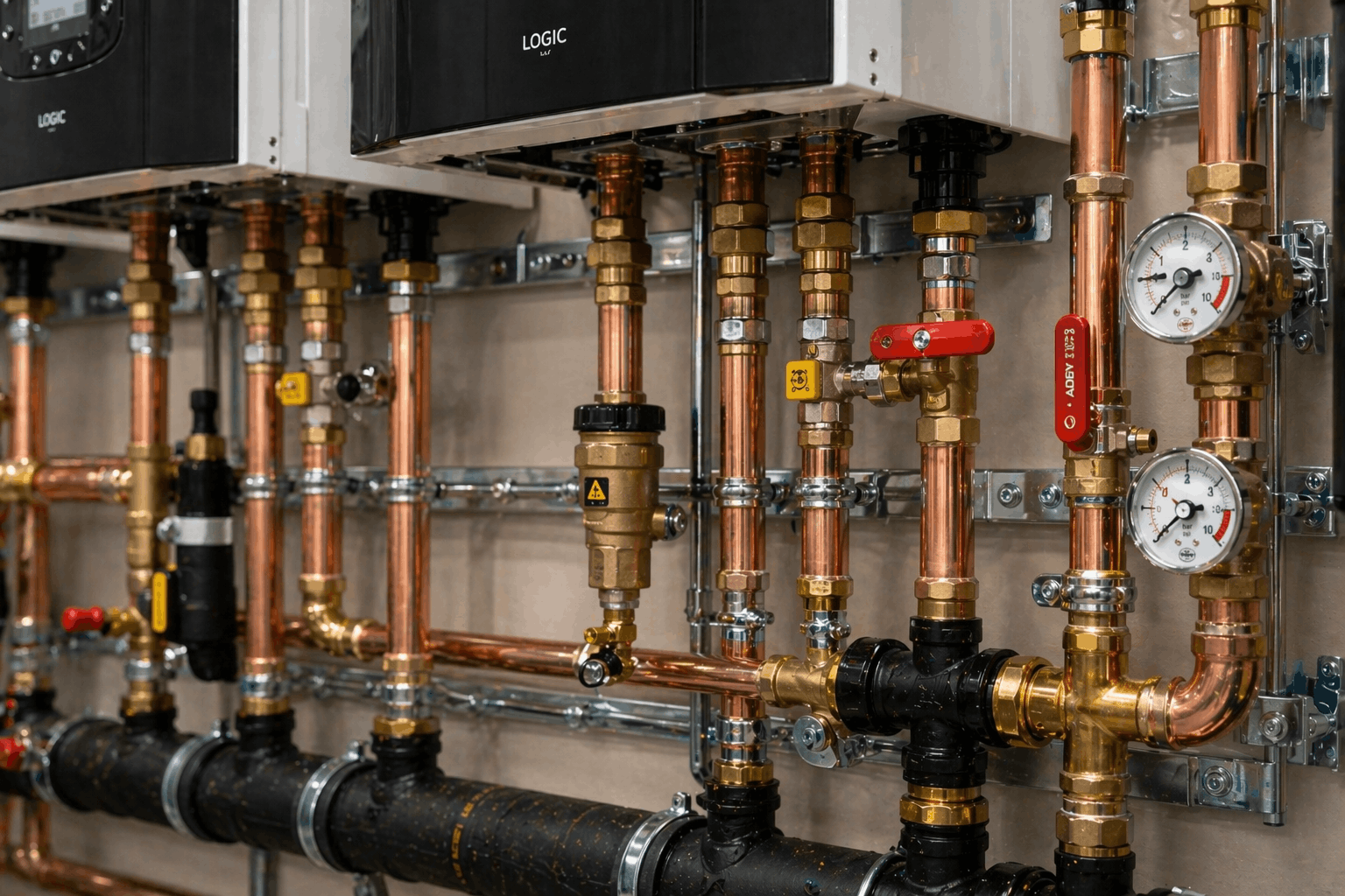 Detailed view of commercial boiler pipework fitting and connection work in Newmarket commercial premises