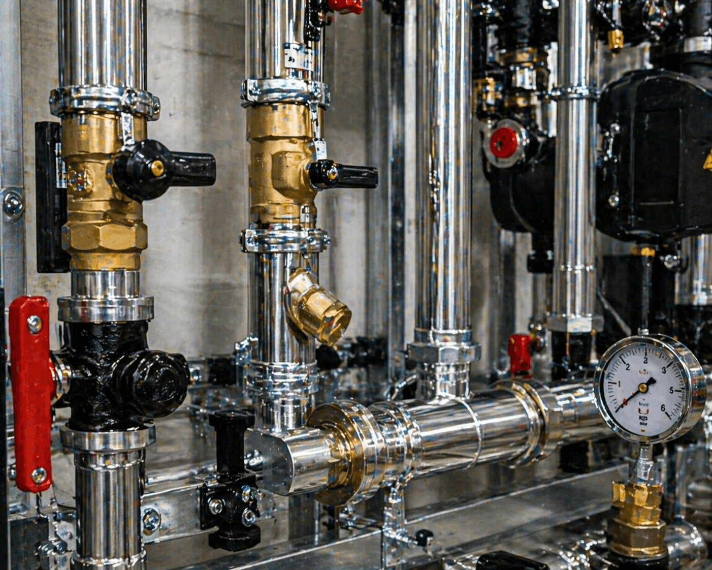 Close-up of commercial boiler pipework installation showing professional workmanship in Great Dunmow