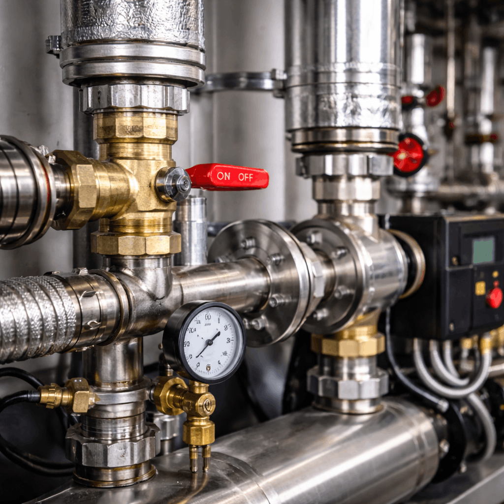Commercial boiler piping connection detail showing professional installation standards in Newmarket