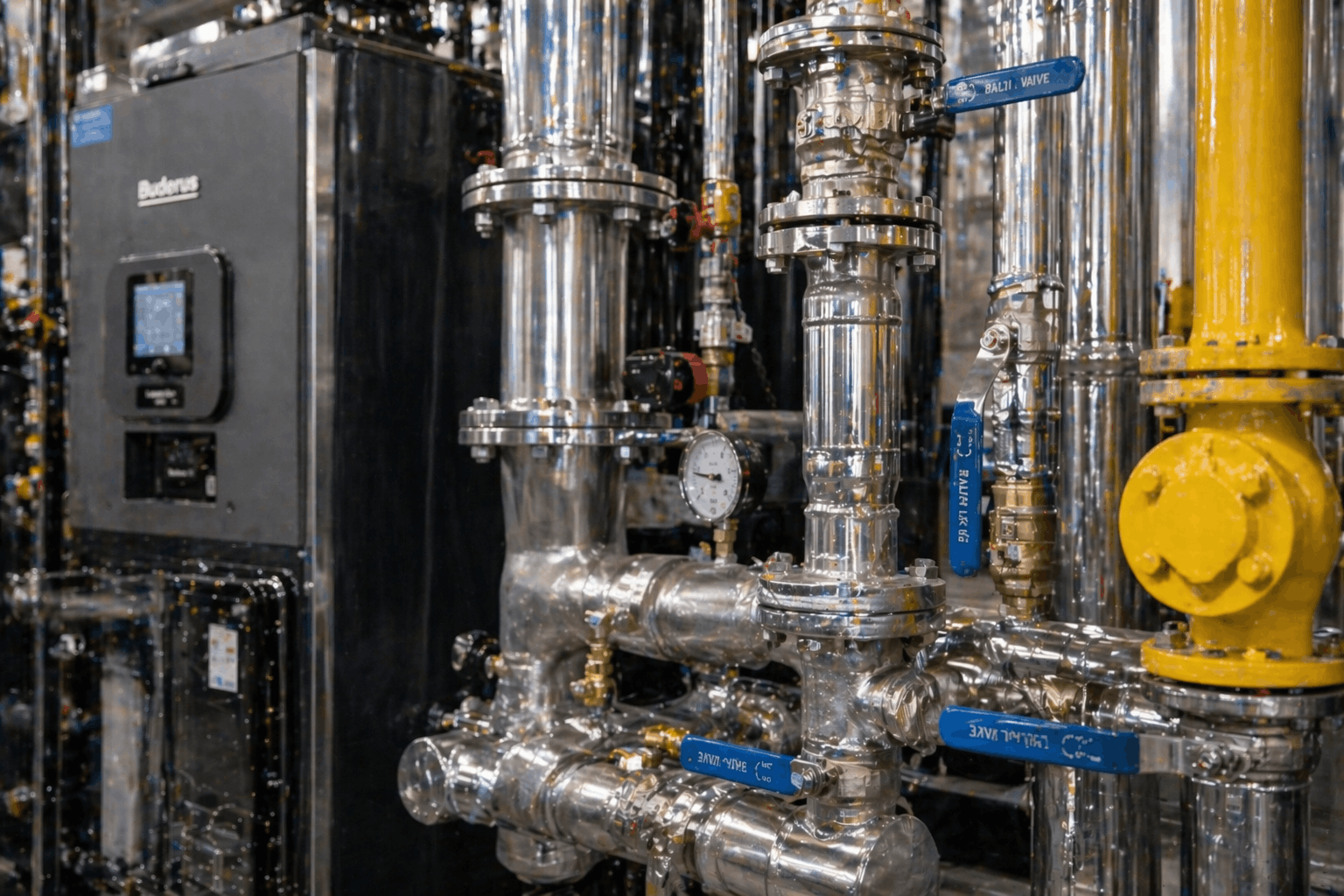 Commercial boiler piping installation showing professional pipework routing and connections in Cambridge office building