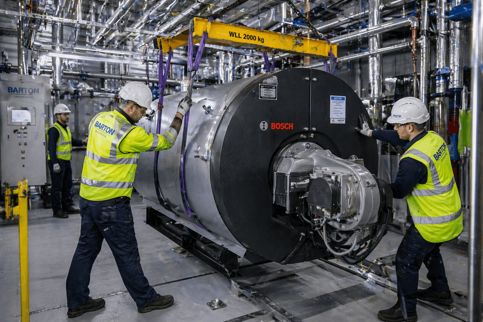 Commercial boiler placement and installation scene showing Gas Safe registered engineer positioning new heating equipment in Braintree business premises