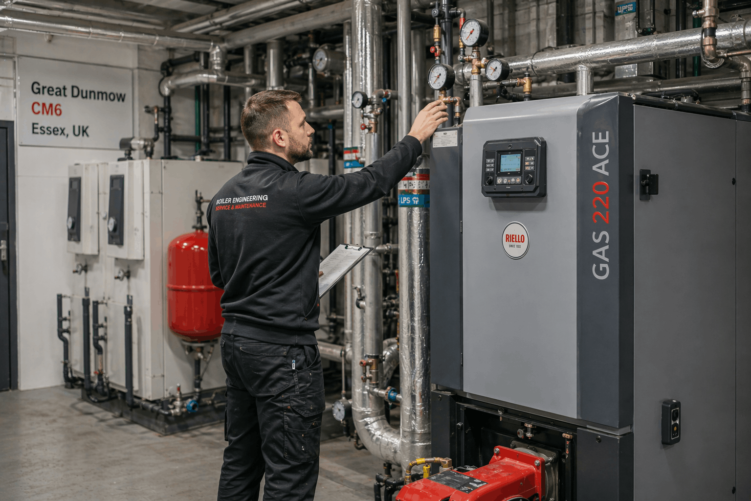 Gas Safe engineer checking commercial boiler pressure levels during repair service in Great Dunmow