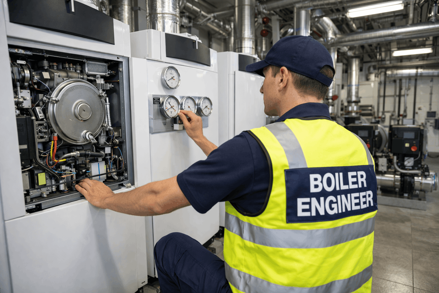 Engineer evaluating commercial boiler pressure during diagnostic assessment in Newmarket