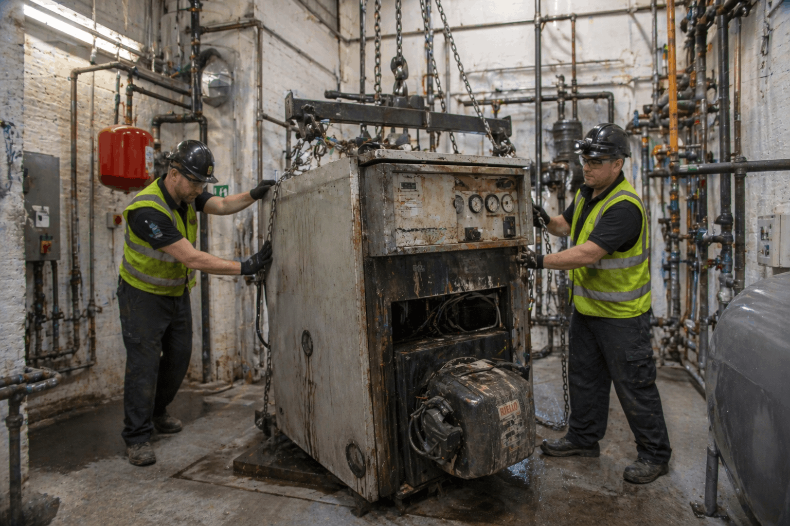 Commercial boiler removal process showing safe disconnection and extraction in Colchester business premises