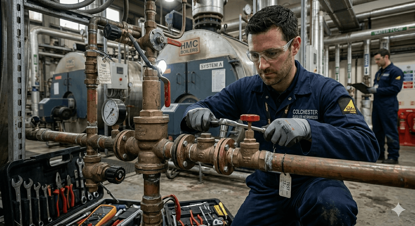 Close-up commercial boiler repair work by experienced Gas Safe registered engineer in Colchester