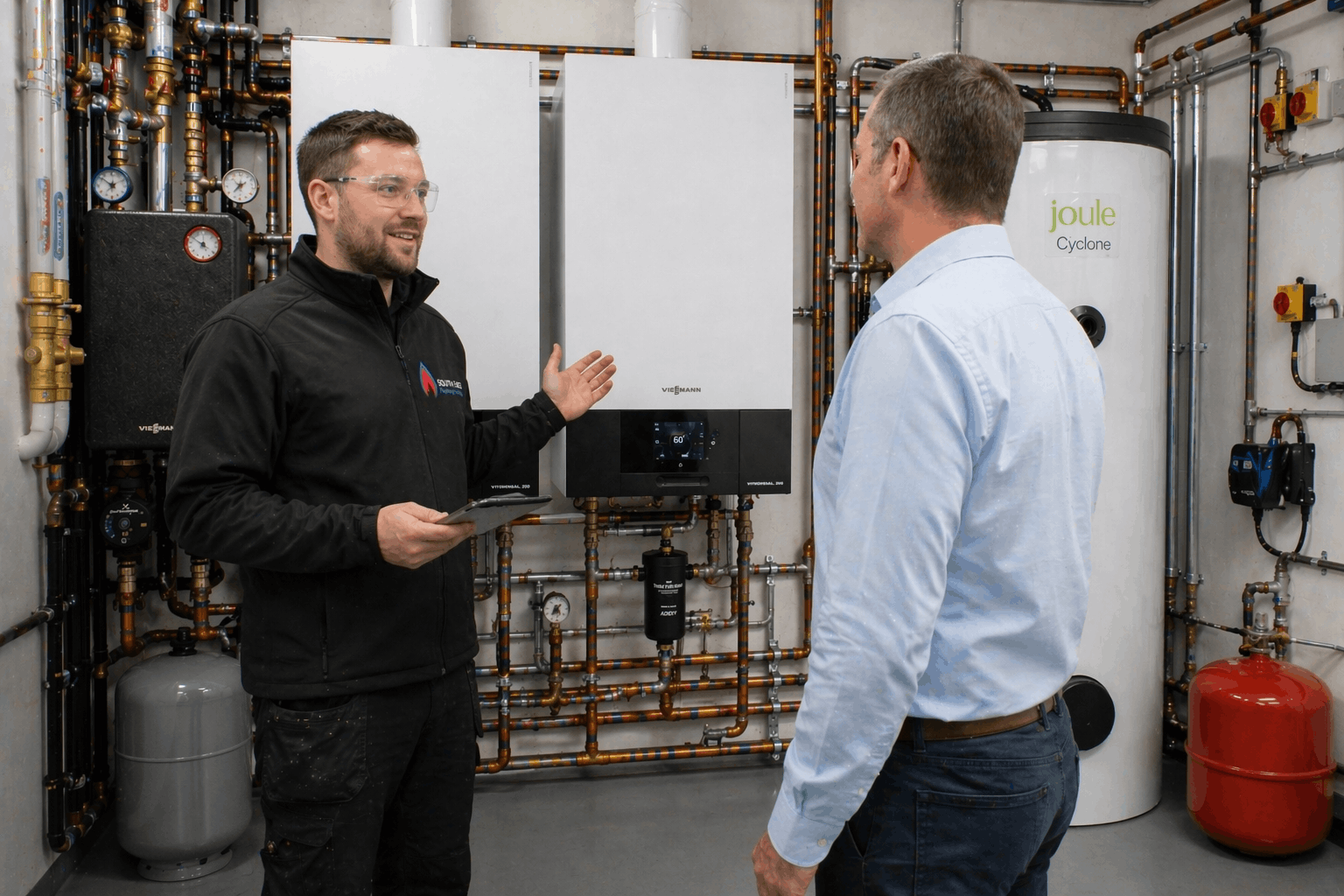 Commercial boiler replacement client handover and commissioning in Cambridge by Gas Safe engineer