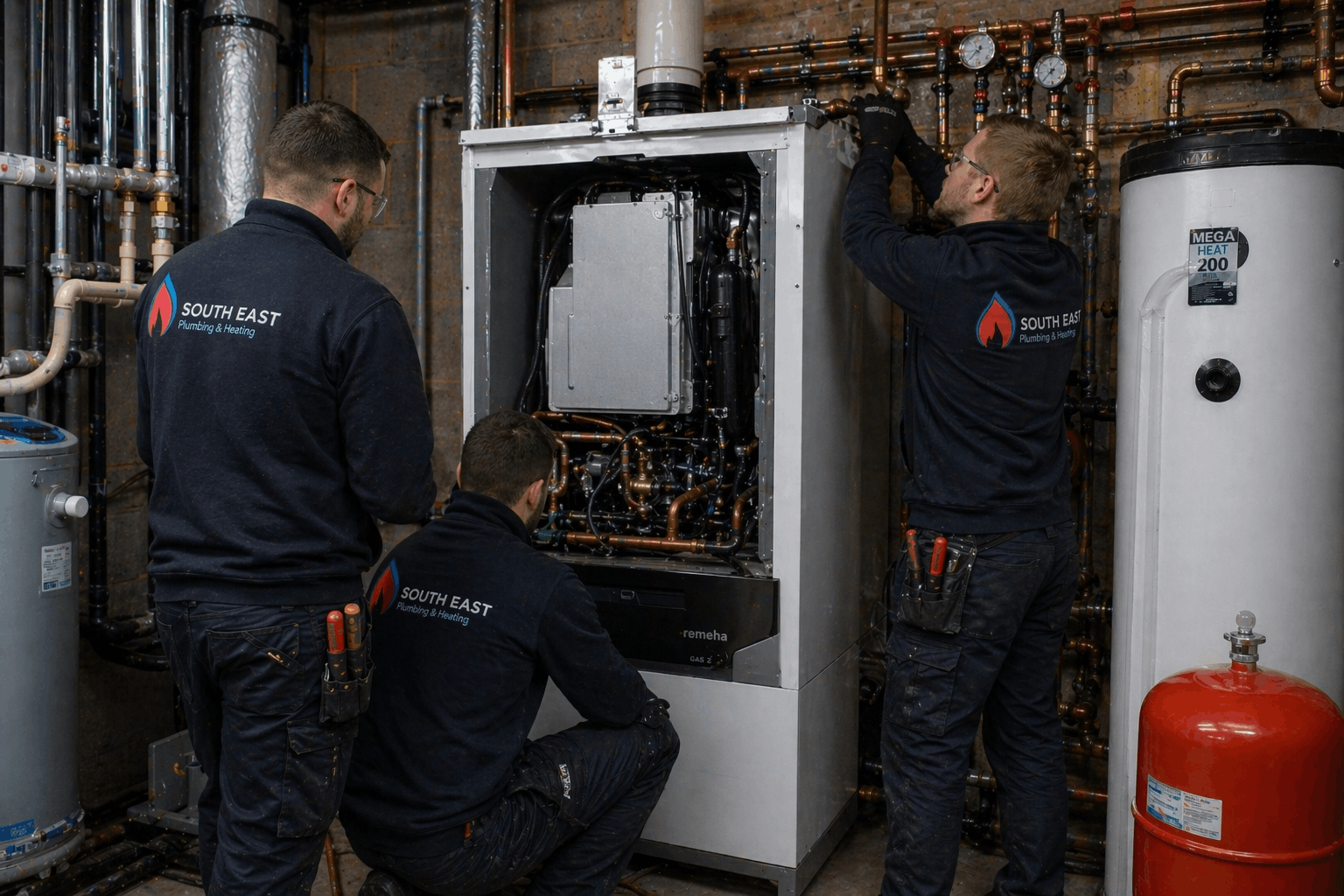 Professional boiler replacement crew preparing commercial heating installation equipment in Braintree