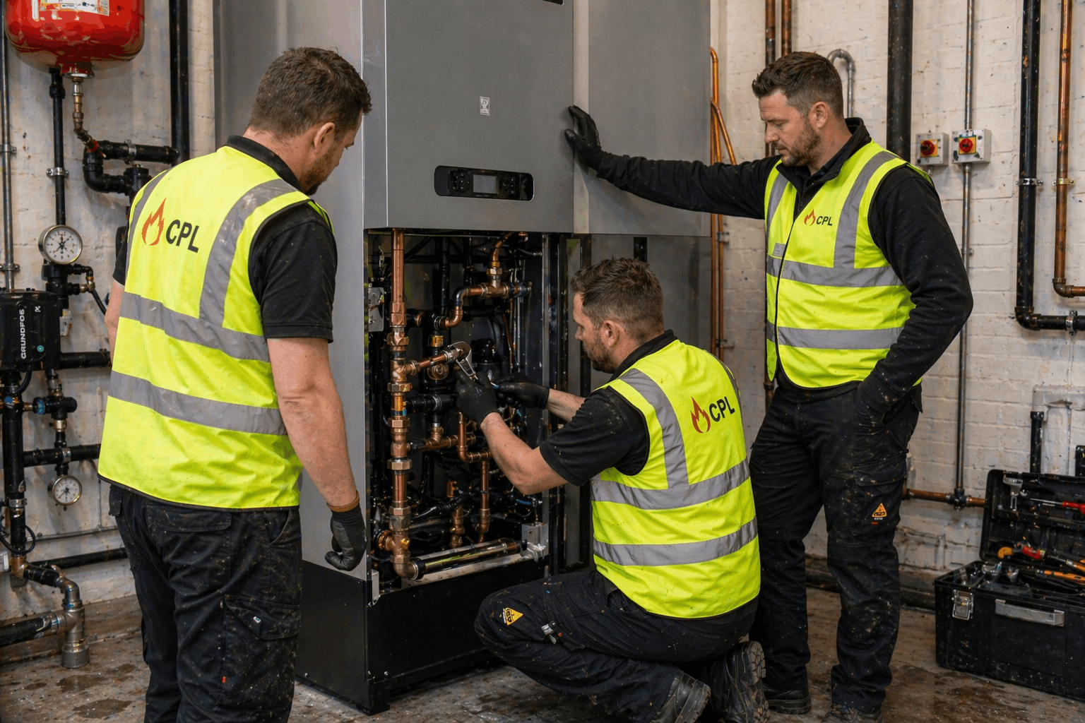 Professional Gas Safe registered engineer team preparing for commercial boiler replacement in Colchester