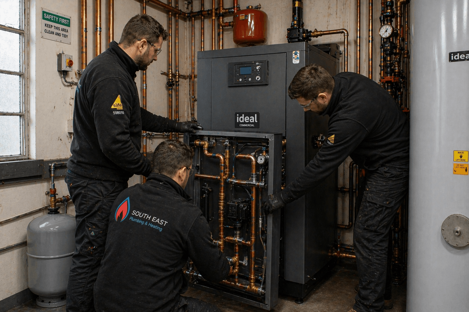 Experienced commercial boiler replacement engineers from Anglian PHE working on heating system in Bury St Edmunds