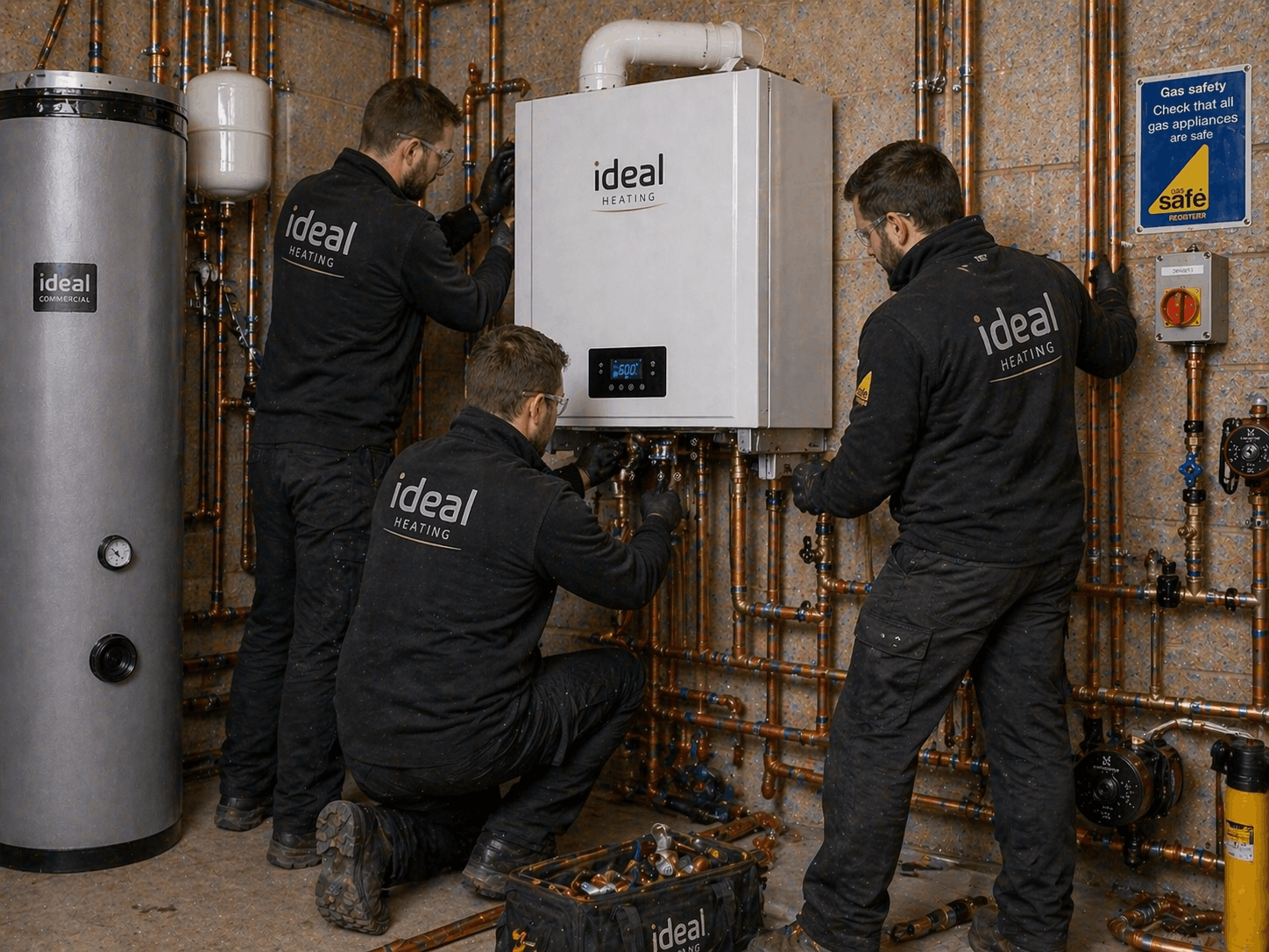 Professional heating installation team replacing commercial boiler system for Great Dunmow commercial property client