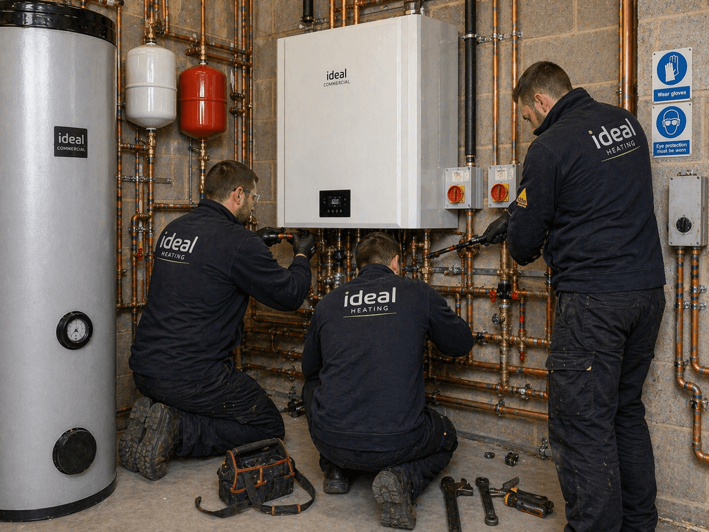 Experienced commercial boiler replacement team from Anglian PHE Ltd working on Halstead project