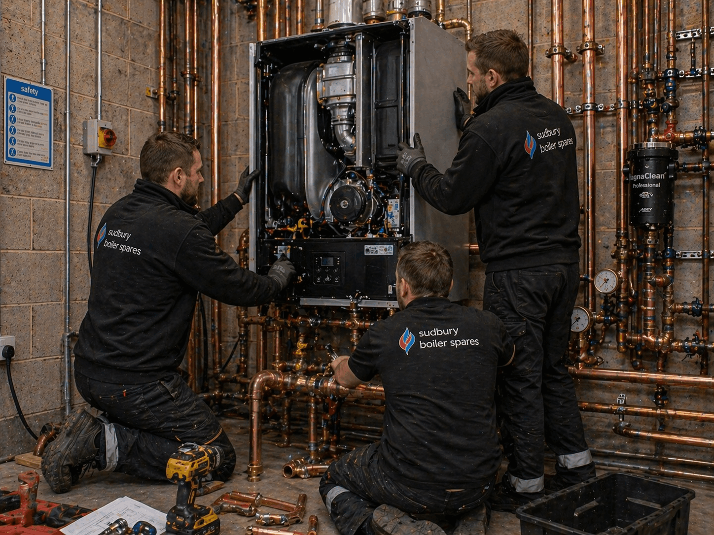 Professional boiler replacement team installing commercial heating system in Haverhill