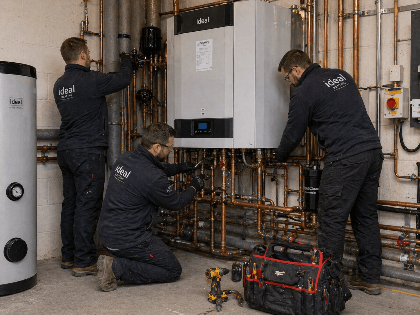 Professional commercial boiler replacement team from Anglian PHE Ltd working on installation in Saffron Walden