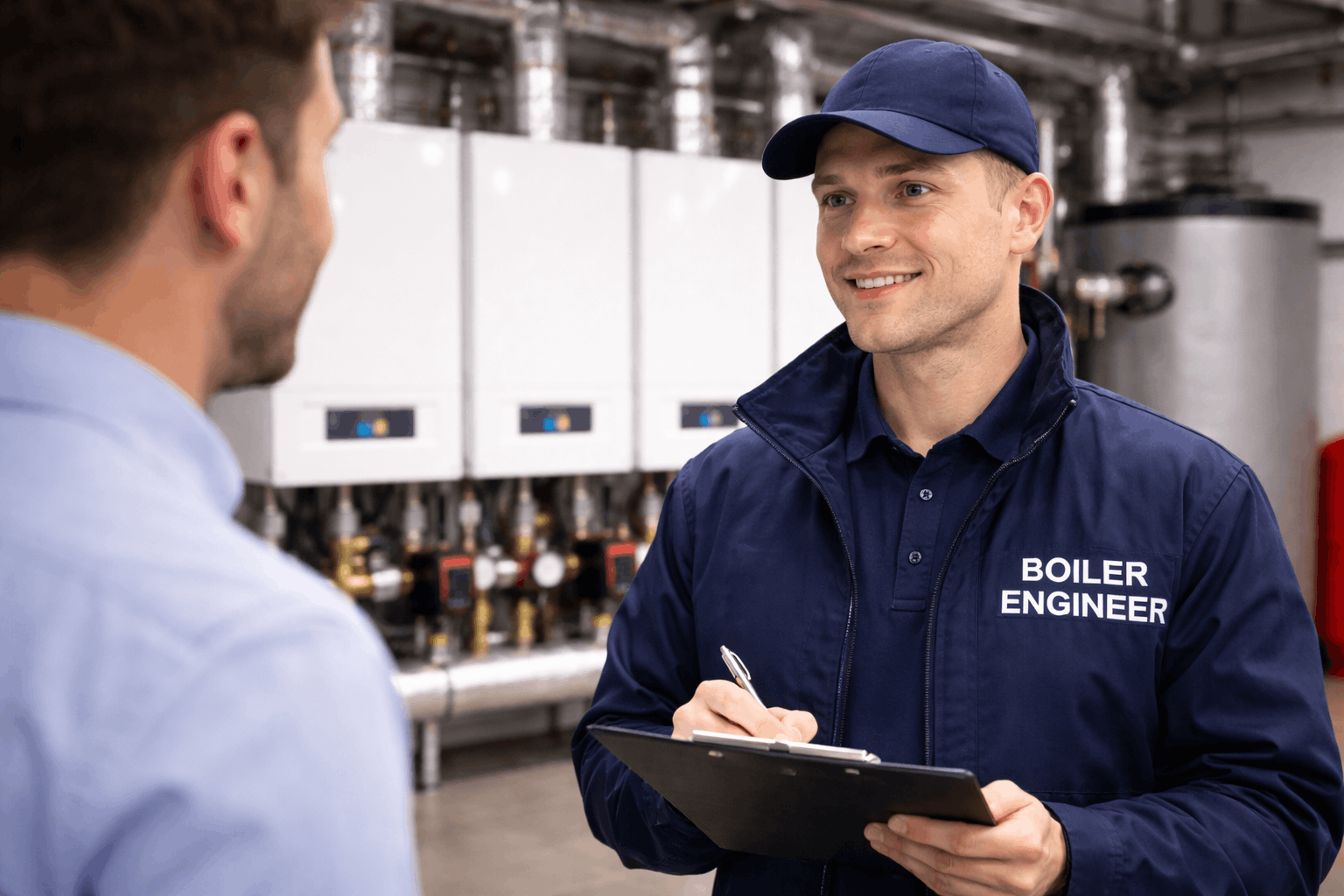 Professional boiler service technician providing client support and system explanation for commercial heating repair Sudbury