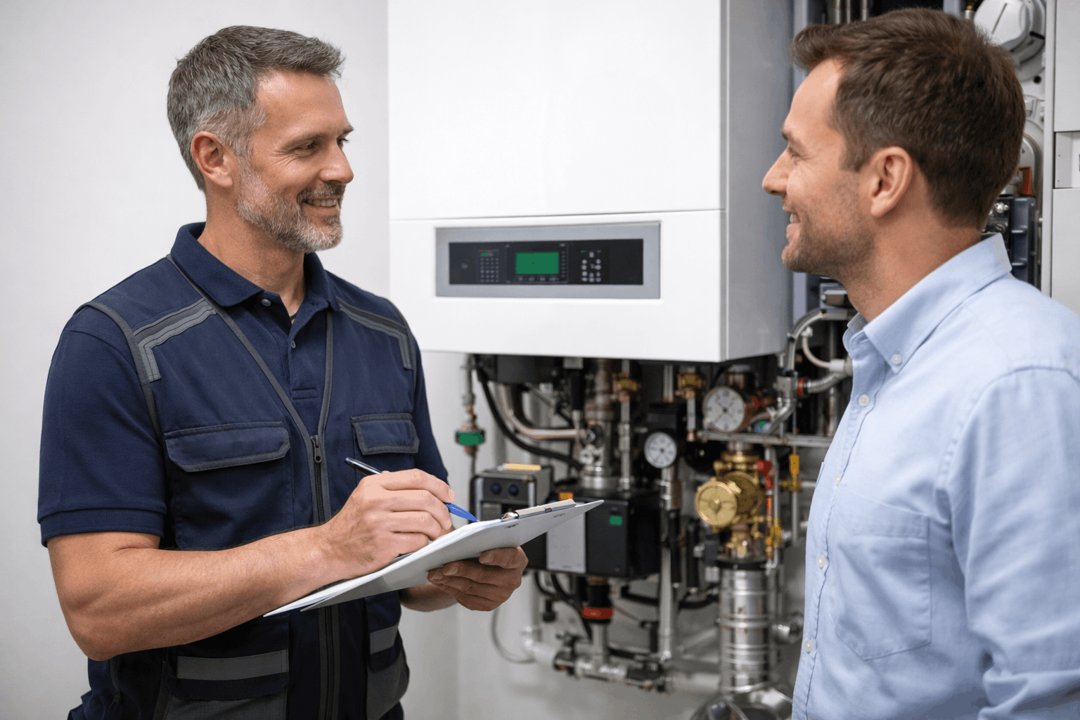 Professional boiler service consultation with commercial client discussing repair options and maintenance in Saffron Walden