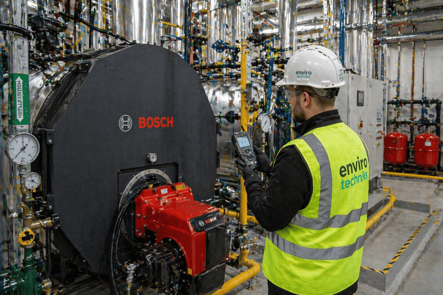 Engineer performing commissioning checks and system testing on newly installed commercial boiler in Sudbury