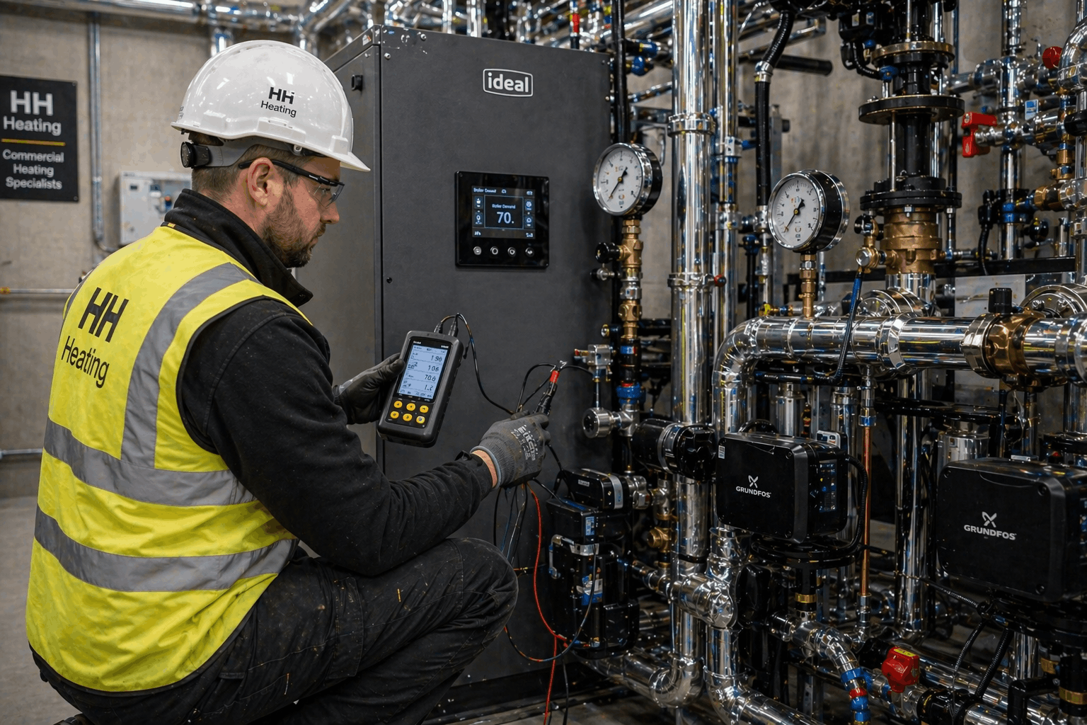 Commercial boiler system testing and commissioning at Great Dunmow business location