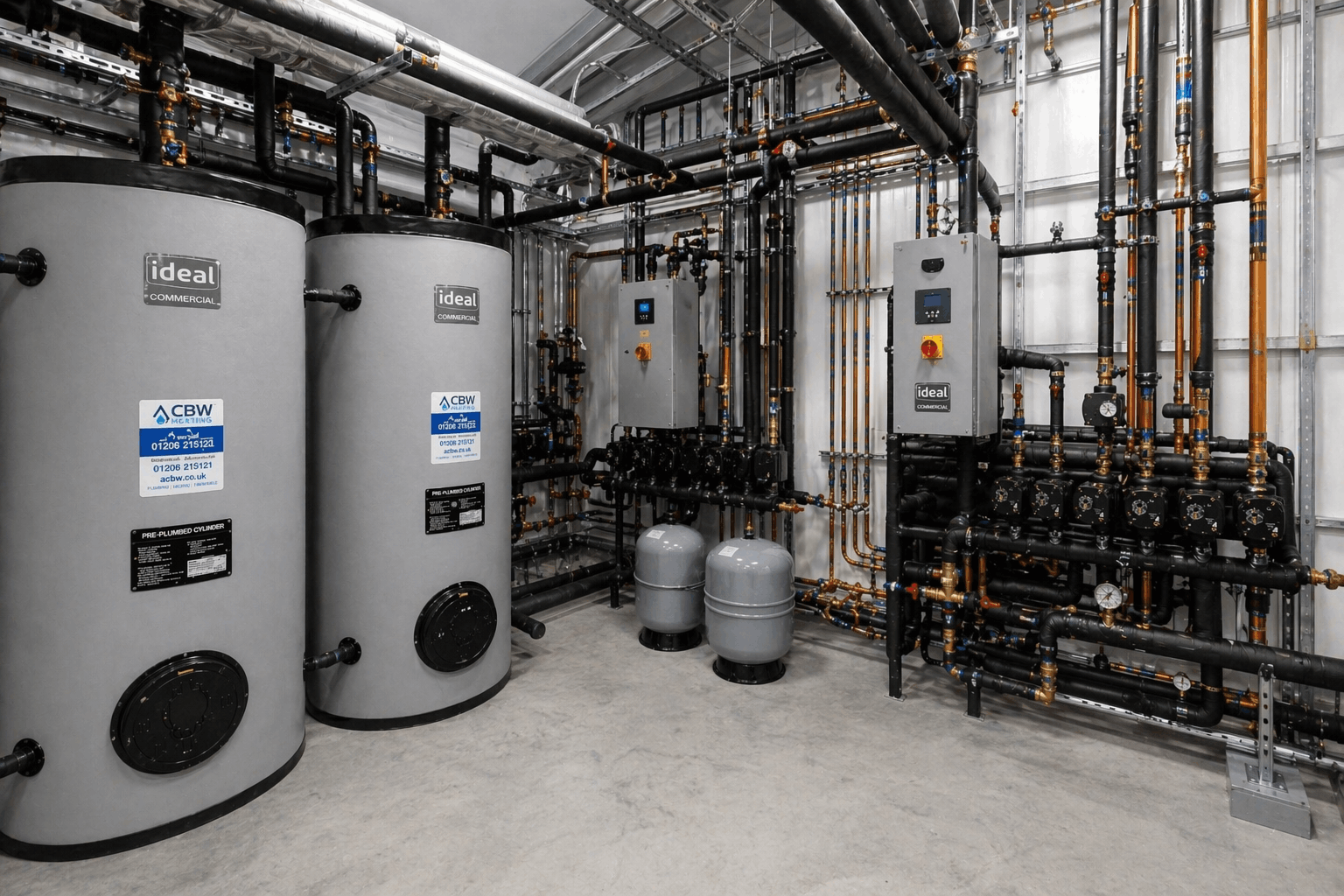 Professional hot water plant room view showing commercial system components in Braintree facility