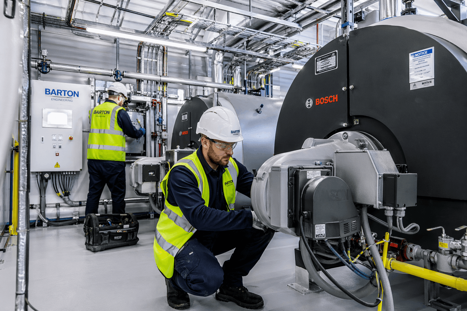 Industrial commercial boiler installation in progress at Braintree manufacturing facility by qualified Gas Safe engineers