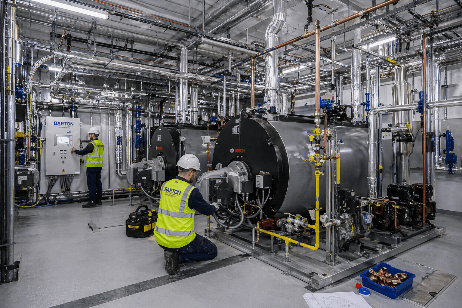 Commercial plant room boiler installation in Braintree showing professional heating system configuration and pipework