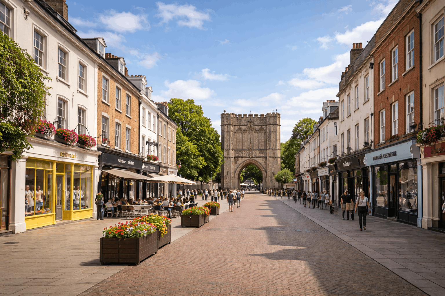 Historic town view of Bury St Edmunds showing commercial district served by Anglian PHE Ltd