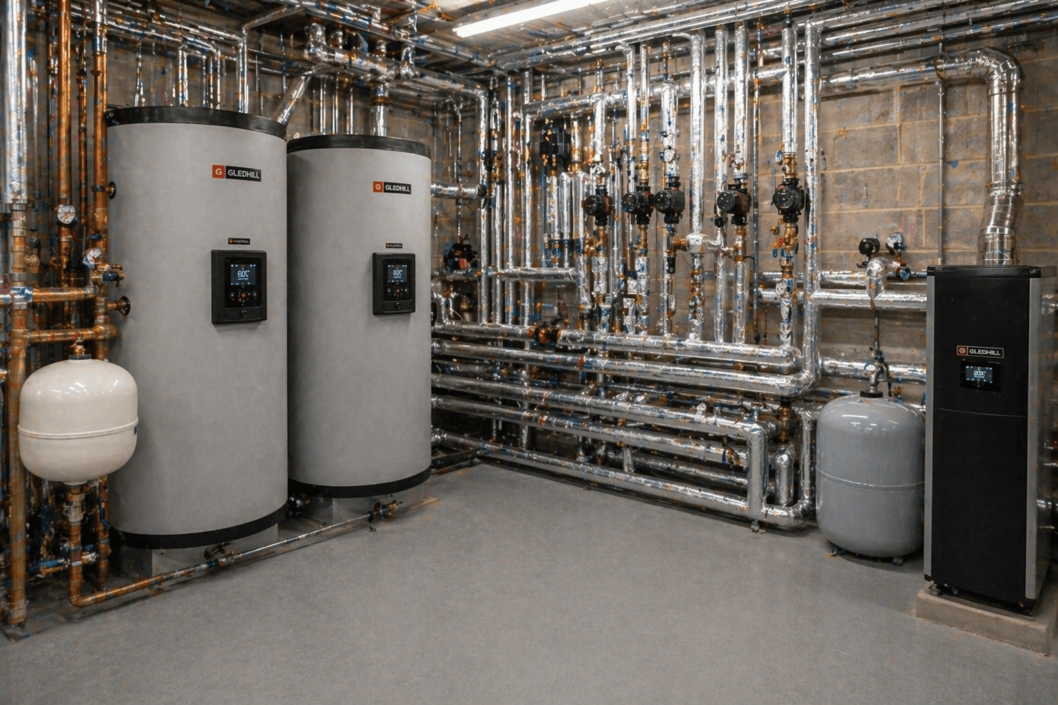 Hot water plant room showing commercial grade cylinders and distribution systems in Bury St Edmunds