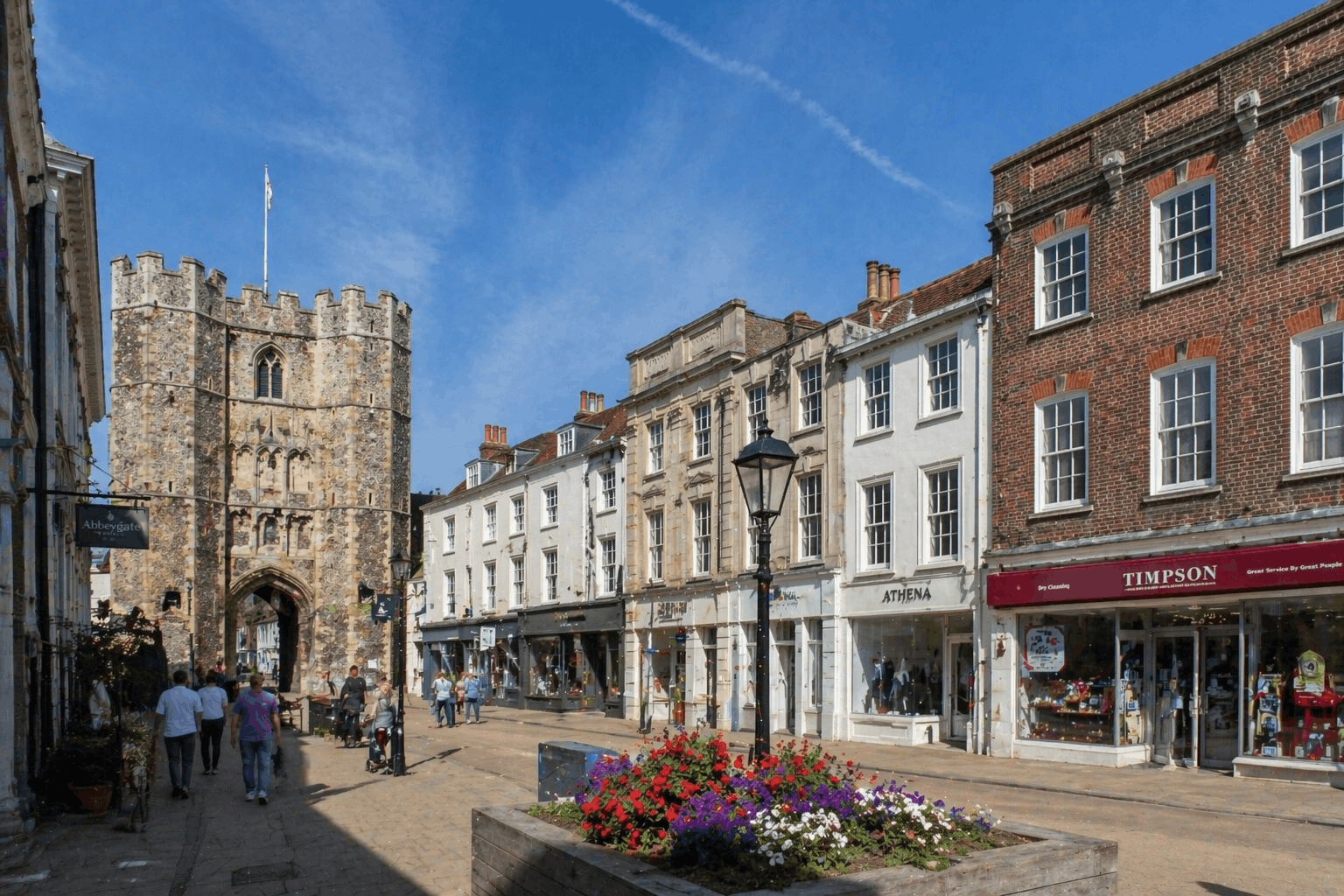 Bury St Edmunds town centre commercial scene showing businesses served by Anglian PHE heating services