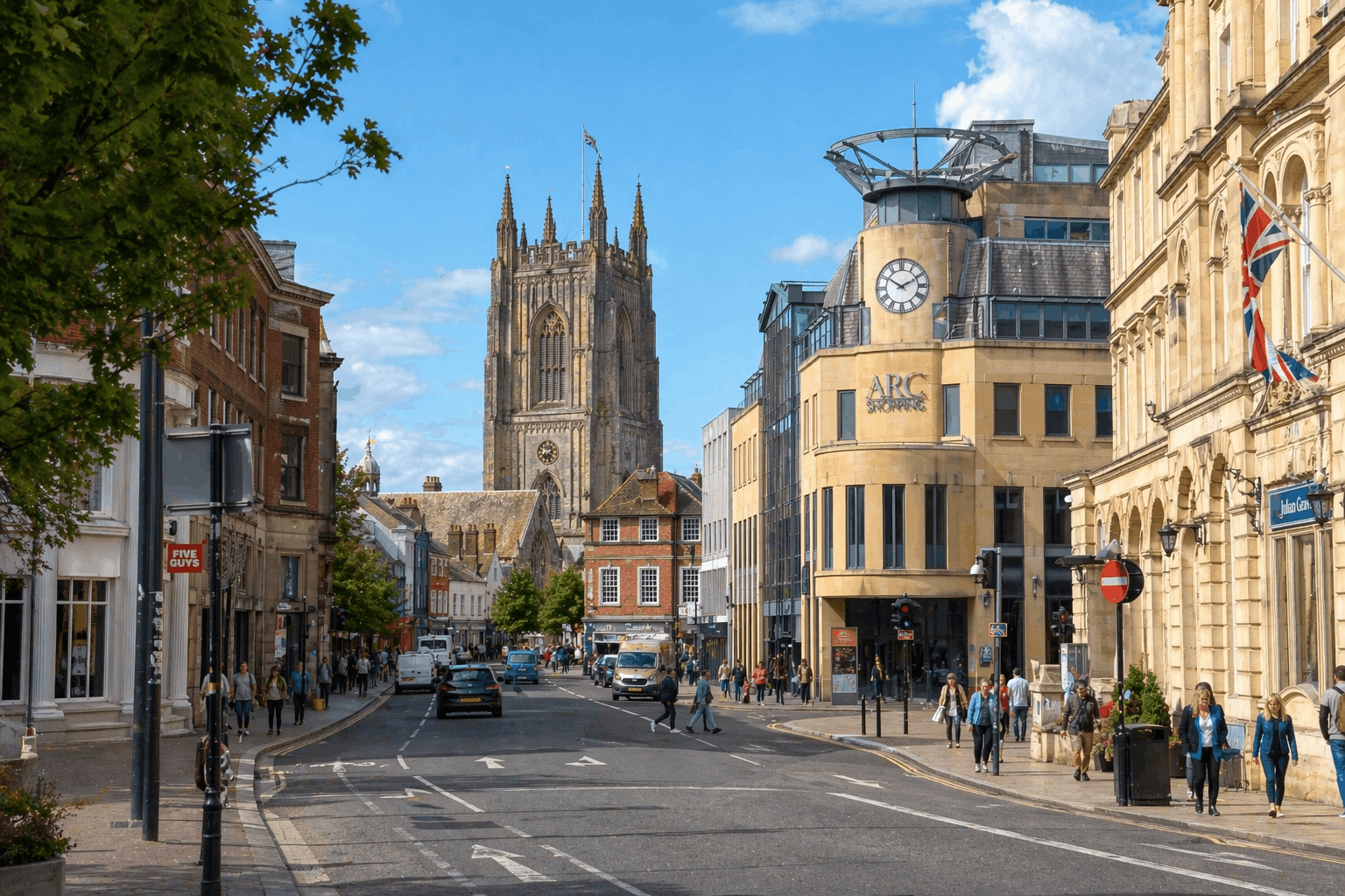 Bury St Edmunds commercial district showing typical business properties requiring heating solutions