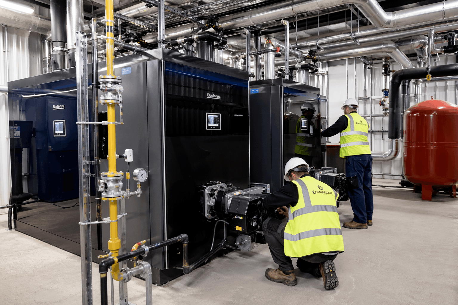Completed commercial boiler installation showcase in modern Cambridge business facility with condensing boiler system
