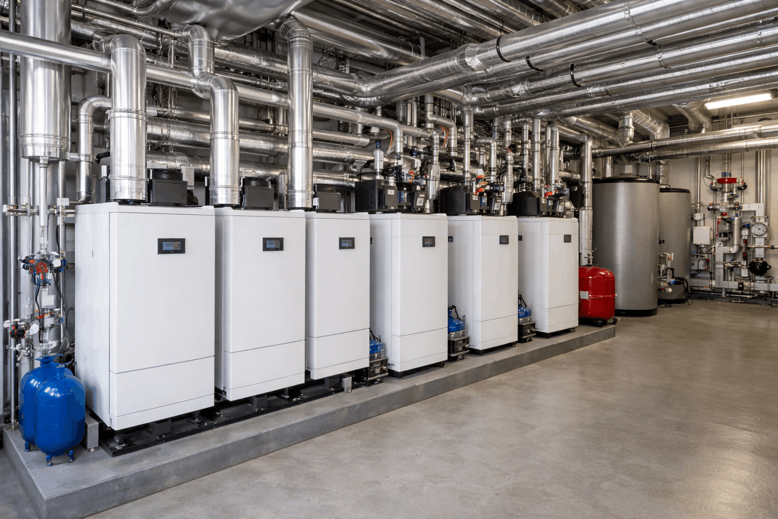 Modern commercial boiler plant room interior at Cambridge business premises showing multiple heating units