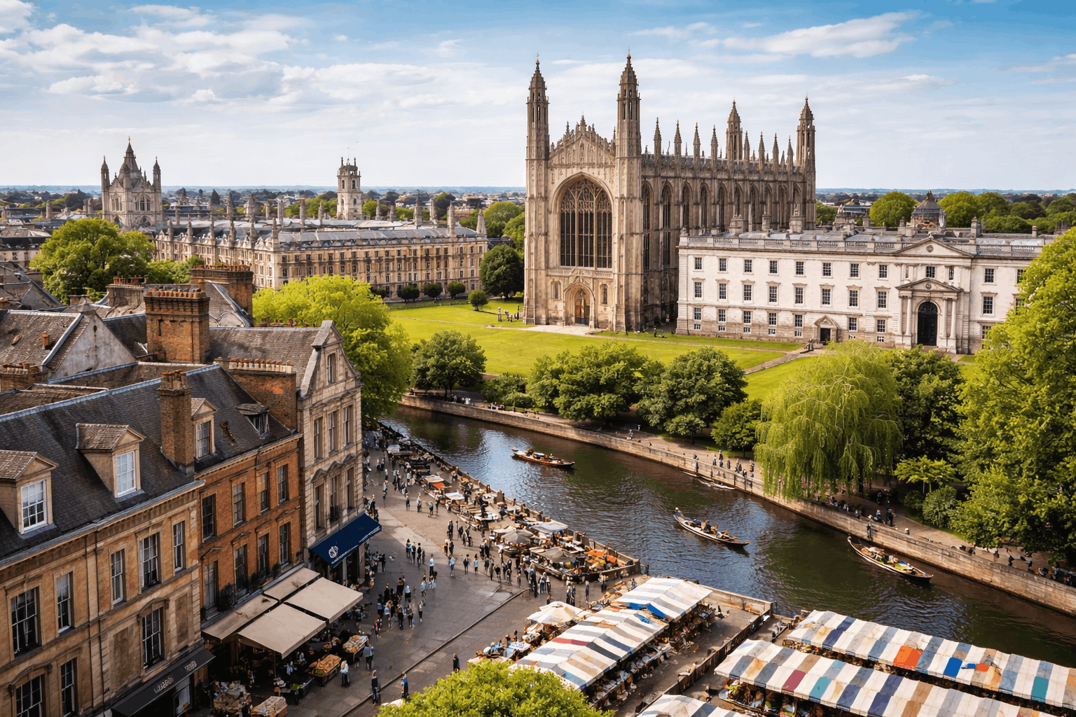 Cambridge city centre landmark scene showing historic architecture and commercial district skyline