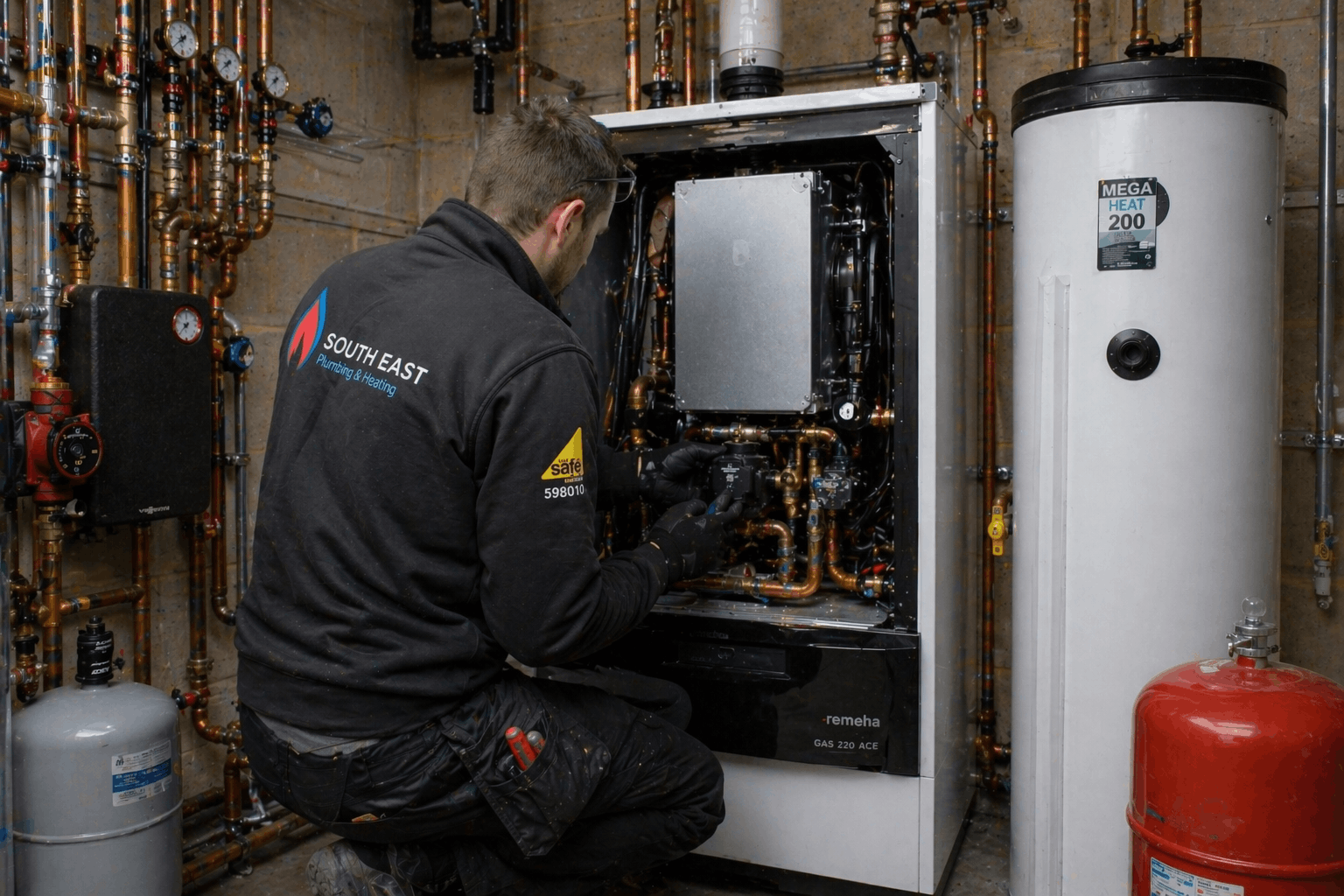 Professional commercial boiler replacement in progress at Cambridge business location